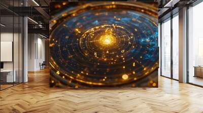 A Circular, Metallic Object with a Glowing Center and Intricate Patterns Wall mural