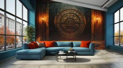 A Circular Doorway in an Ancient, Wooden Room Wall mural