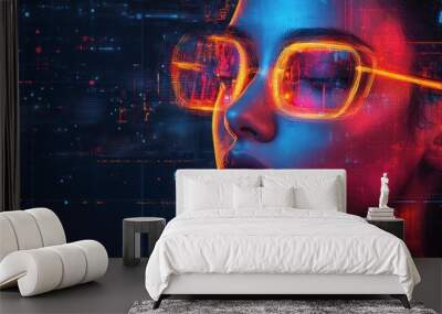 A Close-Up of a Woman's Face with Glowing Glasses and Abstract Digital Background Wall mural