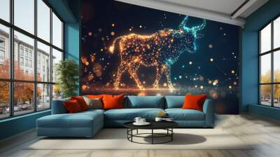 A Digital Bull Silhouette Formed from Glowing Lights and Lines Wall mural