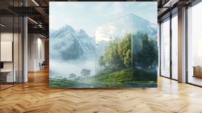 A Glass Cube Encasing a Forest Amidst Snowy Mountains and Fog Wall mural