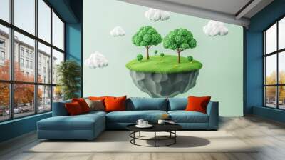 A Miniature Floating Island with Two Trees, Green Grass, and White Clouds Wall mural