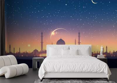 A mosque with minarets under a starry night sky Wall mural