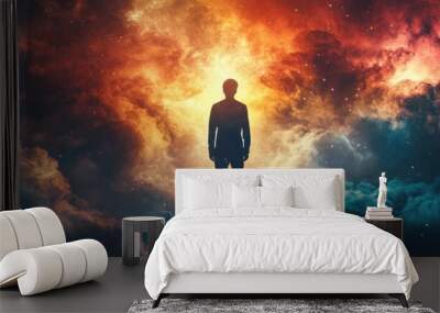 A Solitary Figure Stands Before a Cosmic Backdrop of Nebulae and Stars Wall mural