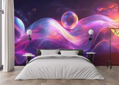 Abstract Cosmic Landscape with Glowing Spheres and Wavy Lines Wall mural