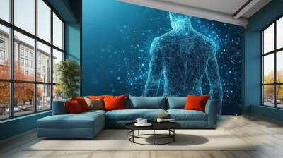 Abstract isolated human body on blue background. Polygonal top of body of adult man with polygons, particles, lines and connected dots. Medicine and healthy life digital concept. Low poly wireframe Wall mural