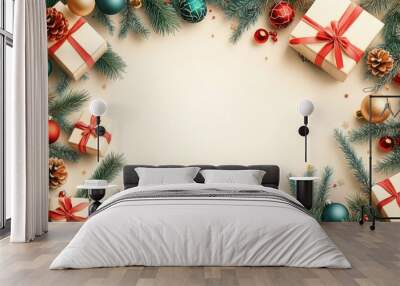 Christmas Frame with Presents, Pine Branches, Ornaments, and Pine Cones on Cream Background Wall mural