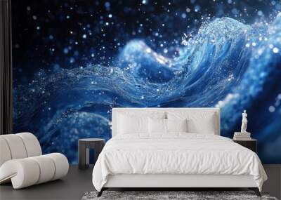 Close-up of a blue water wave with sparkling droplets Wall mural