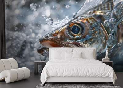 Close-up of a Fish's Head with Bubbles in Water Wall mural