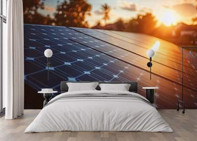 Close-up of a Solar Panel Glowing in the Sunset Wall mural