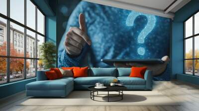 Close up of businessman hand pointing at tablet with abstract digital question mark on blue background. Support and help concept Wall mural