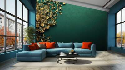 Gold Mandala and Floral Design on Green Background Wall mural