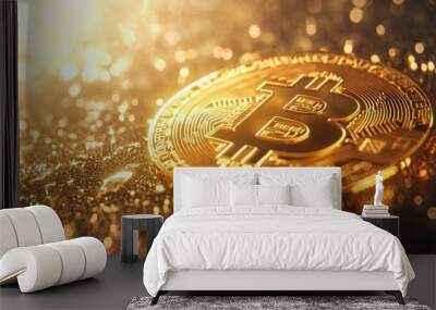 Golden bitcoin digital currency, futuristic digital money, technology worldwide network concept, Wall mural