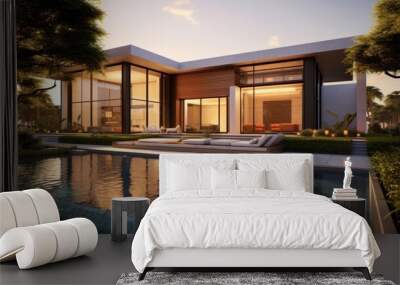 Modern House with Pool and Surrounding Greenery at Dusk Wall mural