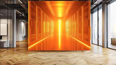 Server racks in computer network security server room datacenter. Modern interior server room data center. A bright orange light at the end of the hallway. 3d rendering Wall mural