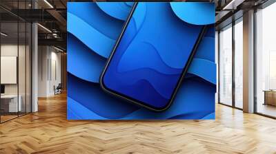 Smartphone Laying on Abstract Blue Wavy Background Wall mural