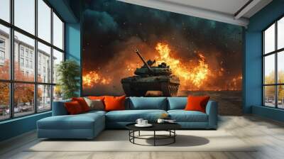 Tank Driving Through A Wall of Fire and Smoke Wall mural