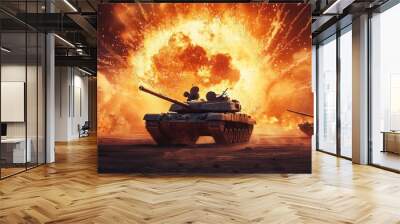 Tanks Under Fire Amidst a Massive Explosion Wall mural