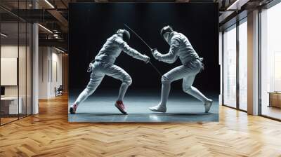 Two Fencers In Action With Swords And Masks Wall mural