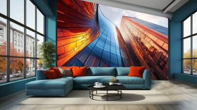 Two Modern Glass Skyscrapers with Orange and Blue Facades Wall mural