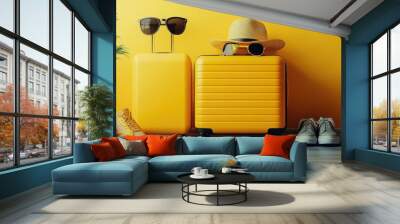 Yellow Suitcases, Sunglasses, Hat, and Sneakers Against a Yellow Wall Wall mural