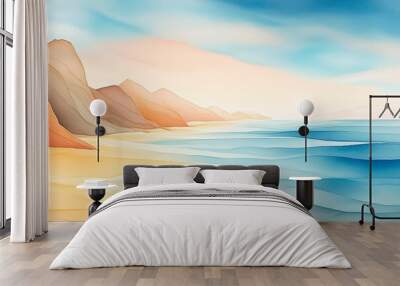 Blue beach background watercolor painting. The landscape transitions between sand, sea, mountains and sky in light blues and sandy yellows.  Wall mural