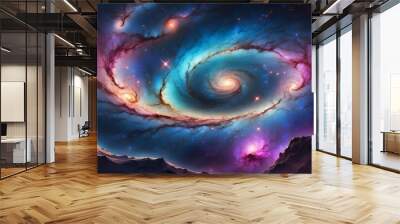 Colorful blue pink galaxy with swirling nebula and sparkling stars. Abstract space science universe mystery. Wall mural