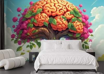 Human brain tree with flowers and leaves, radiating a positive appearance on green field background.  Wall mural