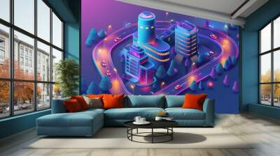 The image shows a futuristic city with skyscrapers, highways and trees. The city is illuminated by a purple light. Wall mural