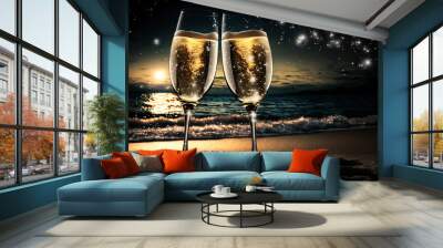 New Year's Eve two champagne glasses standing on the sand on the ocean shore, happy holidays! Wall mural