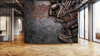 Flat lay Old hand tools ,Pliers screwdriver wrench rusted iron metal tools on Steel plate at garage Wall mural