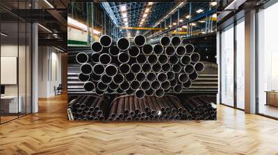 high quality Galvanized steel pipe or Aluminum and chrome stainless pipes in stack waiting for shipment  in warehouse Wall mural