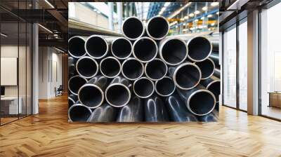 high quality Galvanized steel pipe or Aluminum and chrome stainless pipes in stack waiting for shipment  in warehouse Wall mural