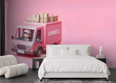 car deliver express with cardboard boxes cartoon shipping and transportation concept on Pink background 3d rendering Wall mural