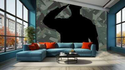 Saluting soldier's silhouette on a green army camouflage backgro Wall mural