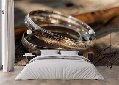 Silver Bangles on Rustic Wood Wall mural