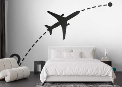 Airplane flight route. Flight tourism route path. Starting pin to destination point. Travel symbol. Vector illustration Wall mural