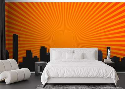 Sunrise and modern black silhouette city in Pop art style. Comics book design background. Vector illustration retro style Wall mural