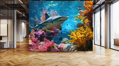 Attractive A large shark swimming over a colorful coral reef Wall mural