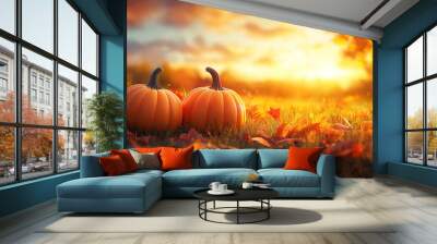 Banner Featuring Two Mini Pumpkins and Leaves in Grass at Sunset for Thanksgiving Wall mural