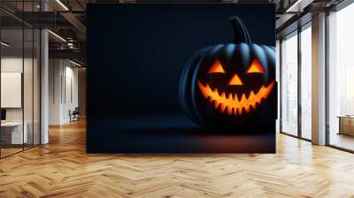 Extraordinary Glowing black jack-o'-lantern with a carved face against a dark background, Halloween Wall mural