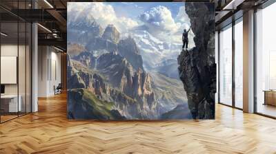 Eyecatching A panoramic view of a climber silhouetted against a vast, rocky mountain landscape Wall mural