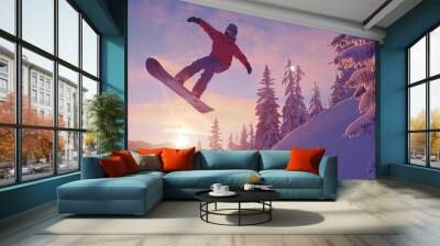 Eyecatching Snowboarder making high big air jump with grab in clear blue sunny sky during sunset Wall mural