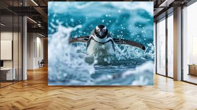 Magnificent Penguin on iceberg in clear polar sea Wall mural