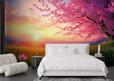 Spring Sunrise Background with Blooming Pink Cherry Blossoms in Meadow Wall mural