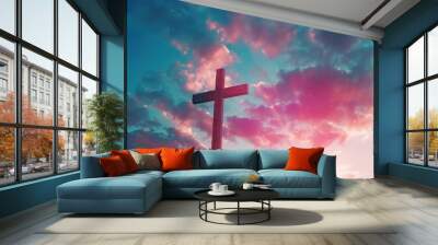 Superb A person praying with both hands raised towards the shining holy cross of jesus christ Wall mural