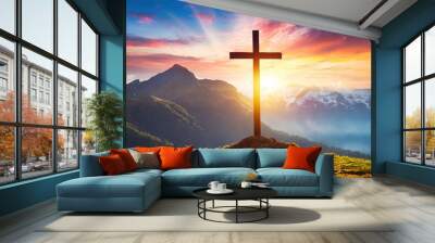 Superb Good friday crosses sunset scene greeting card Wall mural