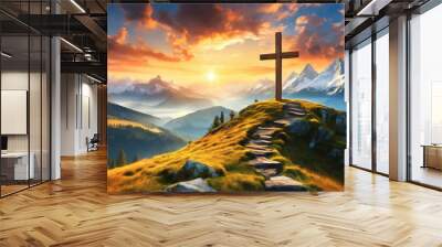 Superb Sunset reflects christian mountain spirituality in nature beauty Wall mural