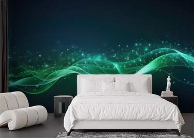 Abstract green wavy lines with dots particles and lighting on dark blue background. Vector illustration Wall mural