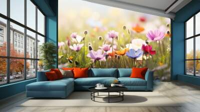 Fresh colorful flowers blooming in meadow in spring Wall mural